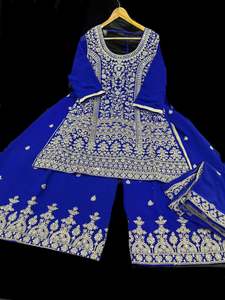 Sharara Lehnga Suits 1: Royal Blue color georgette based all over stones with Mirror work & embroidery work kameez with embroidery work big flared plazo and georgette dupatta with embroidery work (size 44 and can be altered upto size 46)