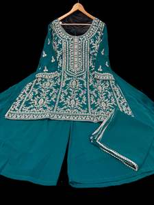 Teal color georgette based all over stones work & embroidery work kameez with pl&hellip;