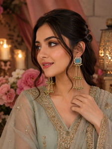 Aqua Blue  color Elegant Kashmiri earrings featuring gemstone studs with delicat&hellip;