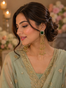 Green color Elegant Kashmiri earrings featuring gemstone studs with delicate ghu&hellip;