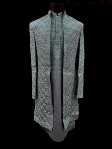 Indo Western: (Video clip attached)Smoke Gray Raw silk based heavy embroidery work with all over sequinned work Jacket style Mens classy Indo western with (half sleeves Kurta ) and Pants