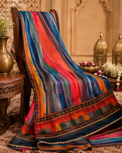 Soft tissue-organza dupatta with vibrant multi-colour stripes, rich printed bord&hellip;
