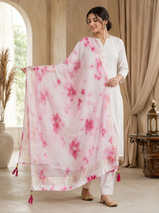 Plain Dupatta: Soft and elegant organza dupatta featuring a beautiful pink tie-dye print, shimmering golden zari border, and premium handcrafted tassel detailing(slight variation in color and design is possible)
