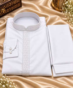 Mens: White color Premium Cotton Rayon Blend based embroidery work all over men’s kurta with Pathani salwar (slight variation in color & design is possible)