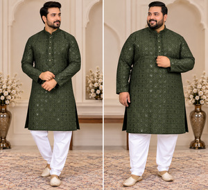 Mens: Plus size deep Olive Color Rayon based embroidery work all over men’s kurta with pajama pants (slight variation in color & design is possible)