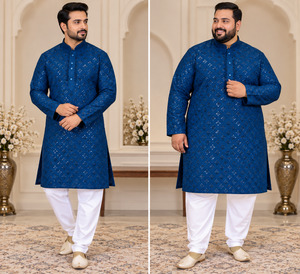 Plus size Peacock Blue Color Rayon based embroidery work all over men’s kurta &hellip;