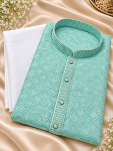 Plus size Aqua Mint Color Rayon based embroidery work all over men’s kurta wit&hellip;