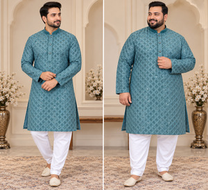 Plus size Teal Blue Color Rayon based embroidery work all over men’s kurta wit&hellip;