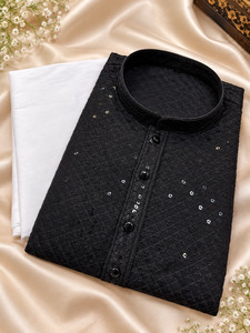 Plus size Black Color Rayon based embroidery work all over men’s kurta with pa&hellip;