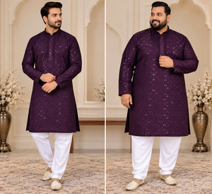 Mens: Plus size Dark Purple Wine Color Rayon based embroidery work all over men’s kurta with pajama pants (slight variation in color & design is possible)