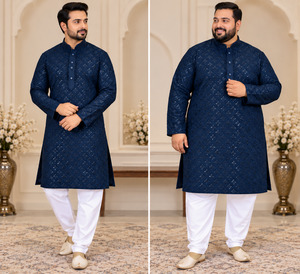 Plus size Dark Navy Blue Color Rayon based embroidery work all over men’s kurt&hellip;