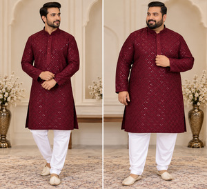 Plus size Maroon Color Rayon based embroidery work all over men’s kurta with p&hellip;