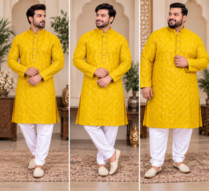 Plus size Yellow Color Rayon based embroidery work all over men’s kurta with p&hellip;