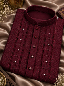 Mens: Maroon color rayon based Chikankari with sequinned work Men’s short length kurti (29inches - 32 inches)according to sizes (slight variation in color & design is possible )