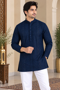 Dark Blue color rayon based Chikankari with sequinned work Men’s short length &hellip;