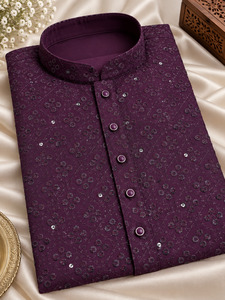 Mens: Wine Purple color rayon based Chikankari with sequinned work Men’s short length kurti (29inches - 32 inches)according to sizes (slight variation in color & design is possible )