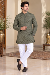 Sage Olive color rayon based Chikankari with sequinned work Men’s short length&hellip;