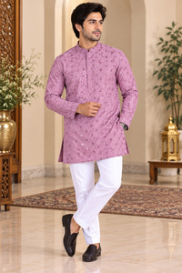 Mens: Dusty Mauve Pink color rayon based Chikankari with sequinned work Men’s short length kurti (29inches - 32 inches)according to sizes (slight variation in color & design is possible )
