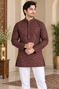 Mens: Cocoa Brown color rayon based Chikankari with sequinned work Men’s short length kurti (29inches - 32 inches)according to sizes (slight variation in color & design is possible )