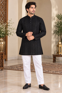 Black color rayon based Chikankari with sequinned work Men’s short length kurt&hellip;