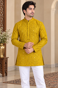 Mustard color rayon based Chikankari with sequinned work Men’s short length ku&hellip;