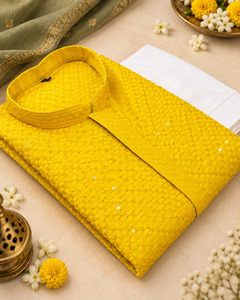 Yellow Color Rayon based embroidery work all over men’s kurta with pants (slig&hellip;