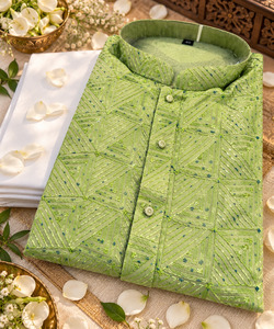 Pista Green Rayon based embroidery (not printed) work all over men’s kurta wit&hellip;