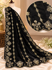 Womens: Luxurious soft velvet dupatta in deep wine shade, finished with elegant stone work and a beautiful scalloped border. slight variation in color & design is possible