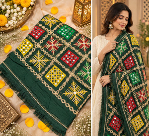 Womens: Beautiful embroidered Phulkari dupatta adorned with colourful traditional motifs and delicate mirror work.Slight variation in color and design is possible