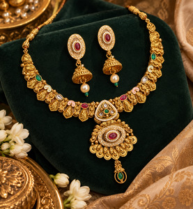 Elegant temple-style gold necklace set with intricate detailing, multicolour sto&hellip;