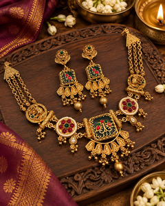 Elegant South Indian temple-style necklace set in a rich gold finish, detailed w&hellip;