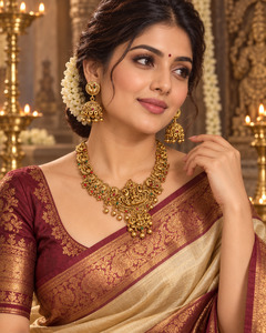 Elegant matte gold-finish Temple Jewellery Set featuring an intricate Goddess La&hellip;