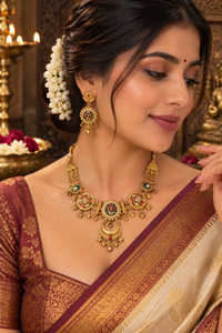 Elegant South Indian temple-style necklace set in a rich gold finish, detailed w&hellip;