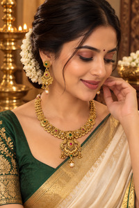 Elegant matte gold-finish Temple Jewellery Set with beautifully detailed peacock&hellip;