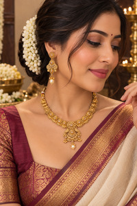 Elegant matte gold-finish Temple Jewellery Set with beautifully detailed peacock&hellip;
