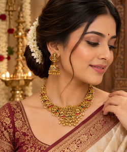Elegant matte gold-finish Temple Jewellery Set Goddess Lakshmi motif with beauti&hellip;