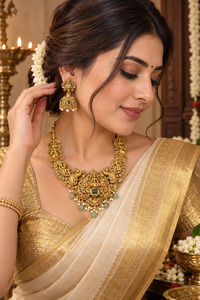 Jewellery: Elegant matte gold-finish Temple Jewellery Set featuring an intricate Goddess Lakshmi motif with beautifully detailed elephant designs and green stone accents. Comes with matching jhumka earrings(slight variation in color & design may occur)
