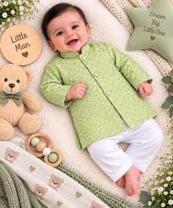 Kids: Soft Rayon chikankri sequin based Newborn Kurta Pajama Set with soft inner lining, easy front-open kurta & matching elasticated pajama for comfortable wear.Kurta L 35 cm,Chest 25 cm,Sleeve24 cm,Pajama L 33 cm.Slight variation in colour & design may occur
