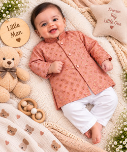Kids: Soft Rayon chikankri sequin based Newborn Kurta Pajama Set with soft inner lining, easy front-open kurta & matching elasticated pajama for comfortable wear.Kurta L 35 cm,Chest 25 cm,Sleeve24 cm,Pajama L 33 cm.Slight variation in colour & design may occur
