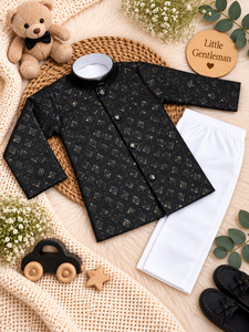 Kids: Soft Rayon chikankri sequin based Newborn Kurta Pajama Set with soft inner lining, easy front-open kurta & matching elasticated pajama for comfortable wear.Kurta L 35 cm,Chest 25 cm,Sleeve24 cm,Pajama L 33 cm.Slight variation in colour & design may occur