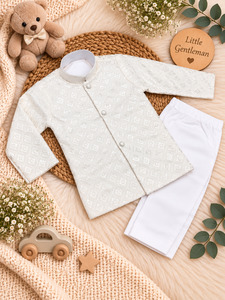 Kids: Soft Rayon chikankri sequin based Newborn Kurta Pajama Set with soft inner lining, easy front-open kurta & matching elasticated pajama for comfortable wear.Kurta L 35 cm,Chest 25 cm,Sleeve24 cm,Pajama L 33 cm.Slight variation in colour & design may occur
