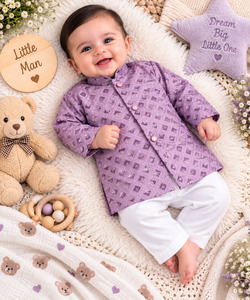 Kids: Soft Rayon chikankri sequin based Newborn Kurta Pajama Set with soft inner lining, easy front-open kurta & matching elasticated pajama for comfortable wear.Kurta L 35 cm,Chest 25 cm,Sleeve24 cm,Pajama L 33 cm.Slight variation in colour & design may occur