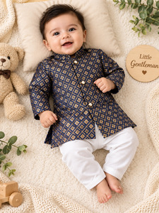 Kids: Adorable Brocade Silk Newborn Kurta Pajama Set with soft inner lining, easy front-open kurta and matching elasticated pajama for comfortable wear.Kurta L 35 cm,Chest 25 cm,Sleeve 24 cm,Pajama L 33 cm. Slight variation in colour & design may occur