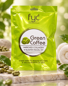 Beauty: FYC Green Coffee Facial Kit – 6-step facial care designed to help improve the look of skin firmness, collagen and elasticity while reducing the appearance of dullness and uneven skin tone.