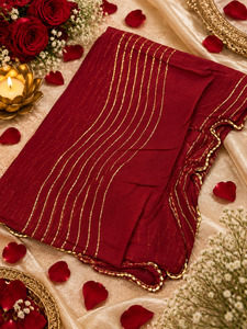 Plain Dupatta: Elegant chiffon dupatta with delicate gold stripe detailing. Lightweight, flowy and perfect for festive or party wear.slight variation in color & design is possible