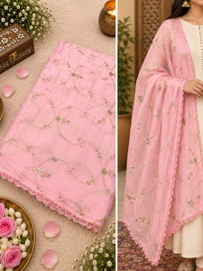 Plain Dupatta: Soft chiffon dupatta with delicate sequin work and beautiful lace detailing, perfect for festive and party wear. slight variation in color & design is possible