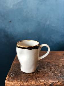 Drinkware: Uneven Shape Mug with Handle: Glazed, Milky Coloured, Dark Green Rim, Handmade