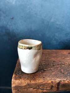 Uneven Shape Mug, Smooth/Shinny Milky Coloured, Dark Green Rim, Handmade