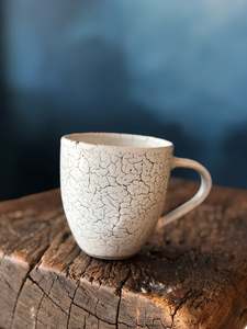 Cup: White with Black Cracking, Uneven, Smooth, Handmade