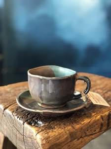 Drinkware: Cup with Handle and Saucer Set, Dark Natural Brown/Teal, Uneven, Handmade